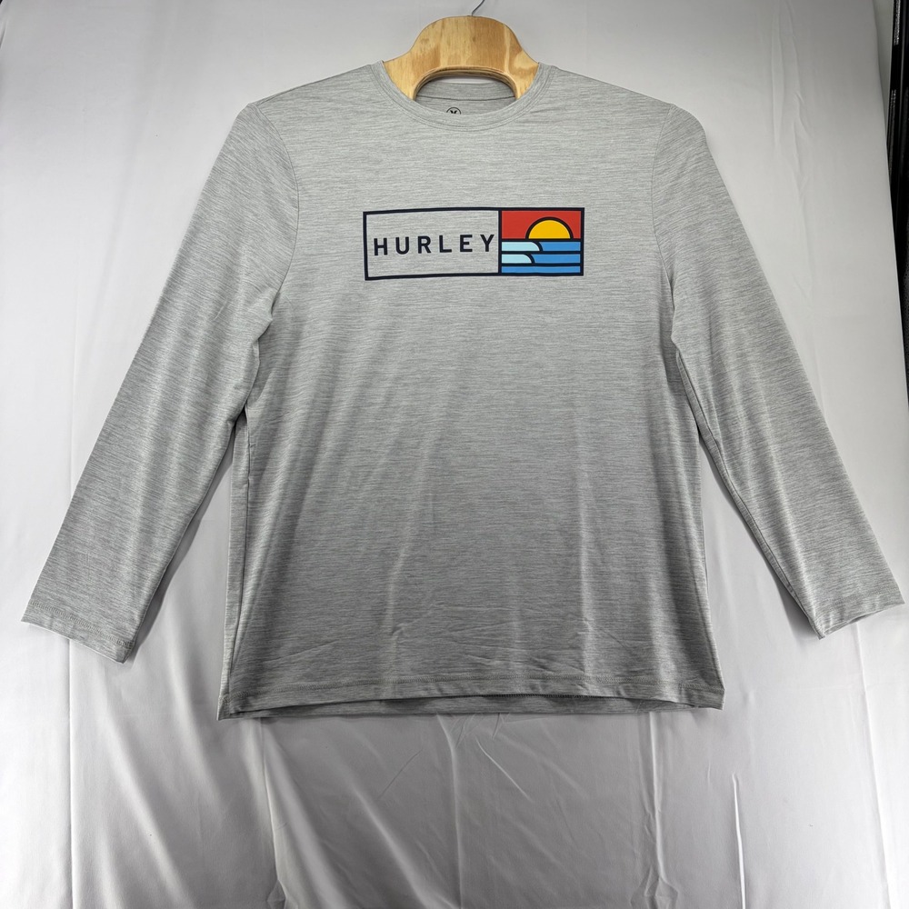 Hurley Mens Long Sleeve Graphic Tee Gray Heather Sunset Waves XL